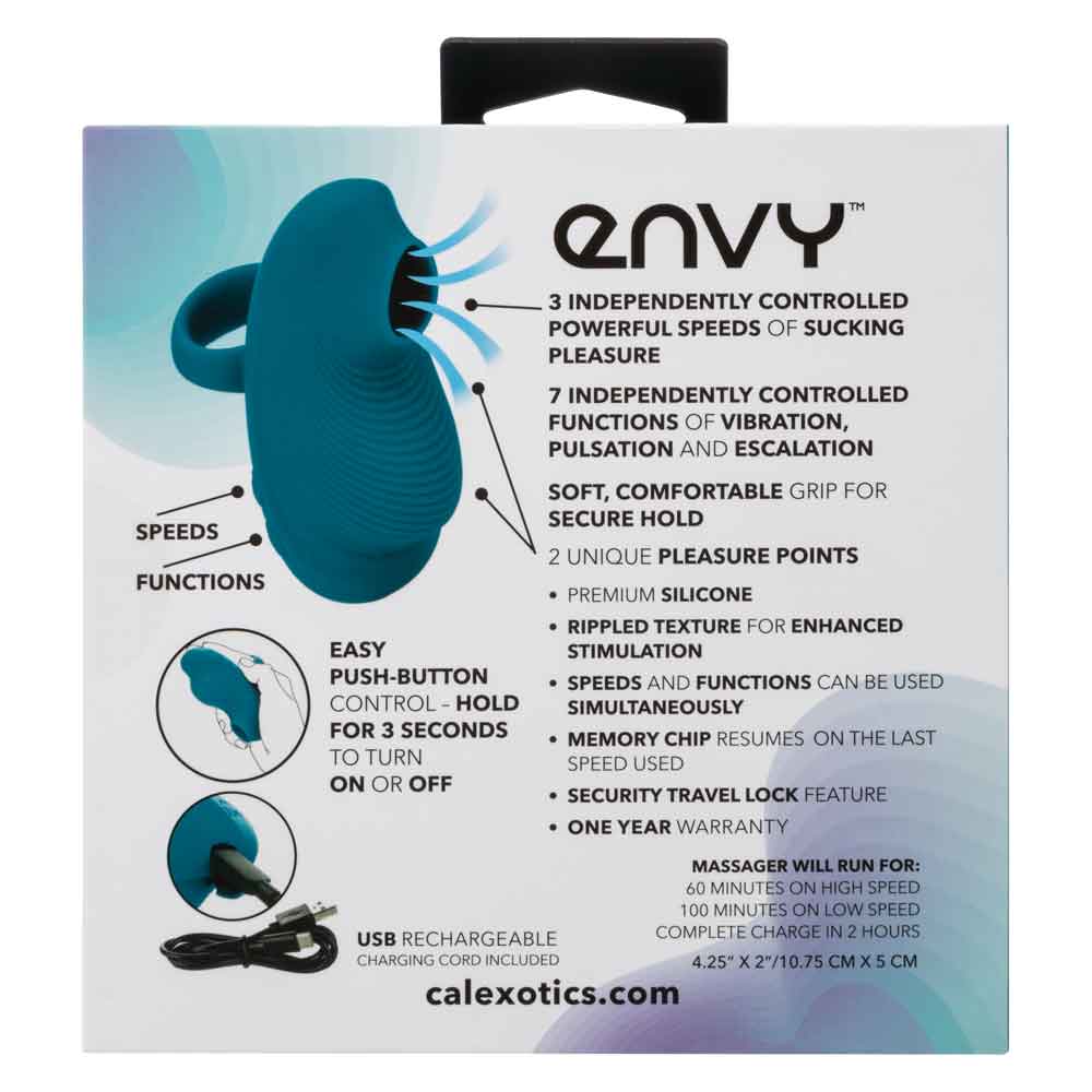 Envy™ Handheld Suction Massager in Teal Blue with 3 Suction Speeds and 7 Vibration Functions, USB Rechargeable Silicone Full Body Massager Vibrators