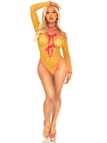 Eyelet Net Tie-Front Keyhole Teddy Lingerie in Neon Orange