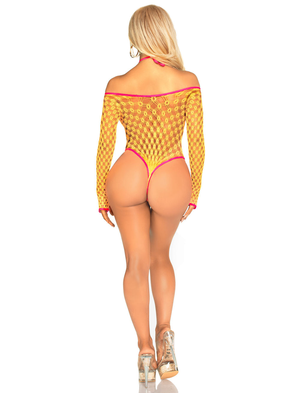 Eyelet Net Tie-Front Keyhole Teddy Lingerie in Neon Orange Teddies