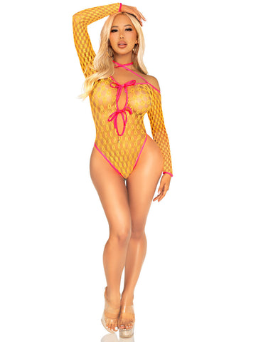 Eyelet Net Tie-Front Keyhole Teddy Lingerie in Neon Orange Orange Teddies
