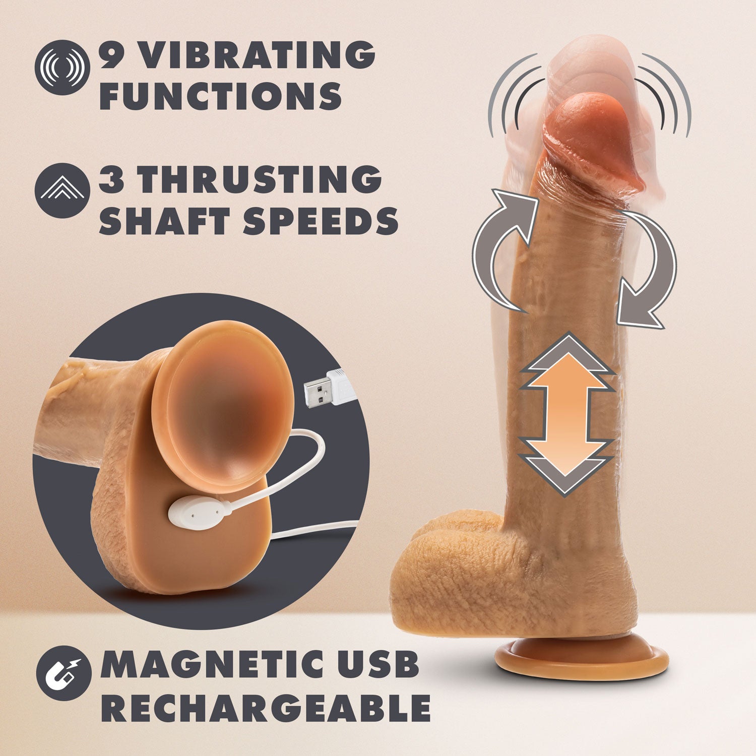 Dr Phillips 8.5 Inch Tan Silicone Thrusting Dildo with Remote DONGS Thrusting
