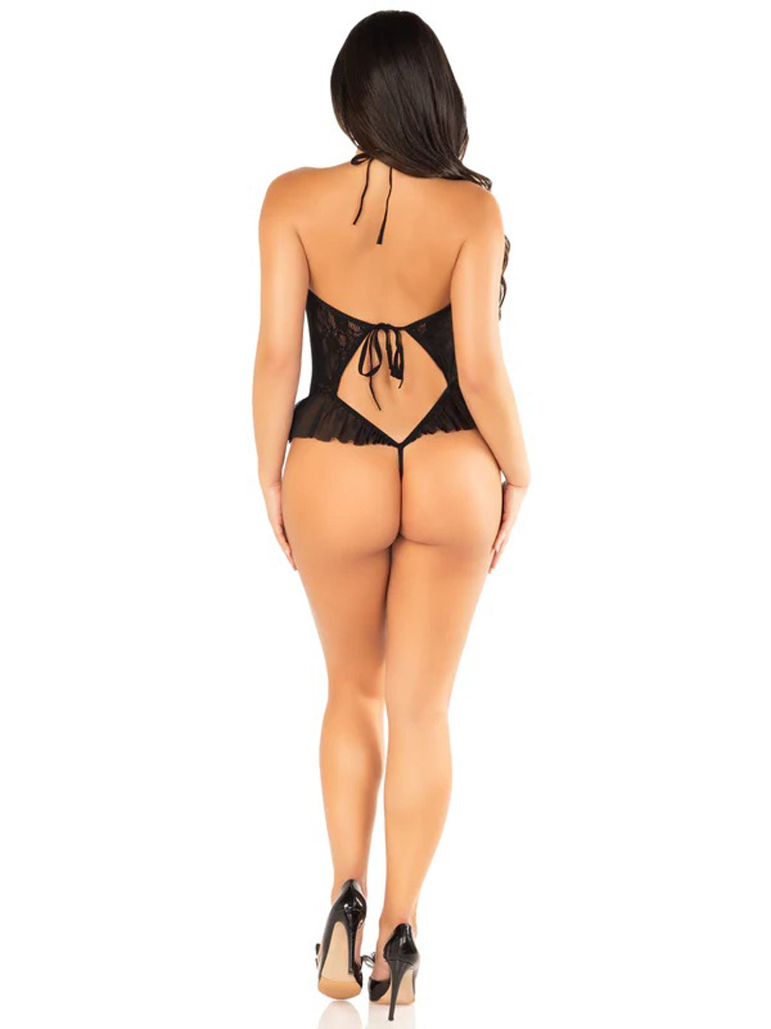 Black Floral Lace Halter Bodysuit with Mini Bow and Flutter Bodystocking