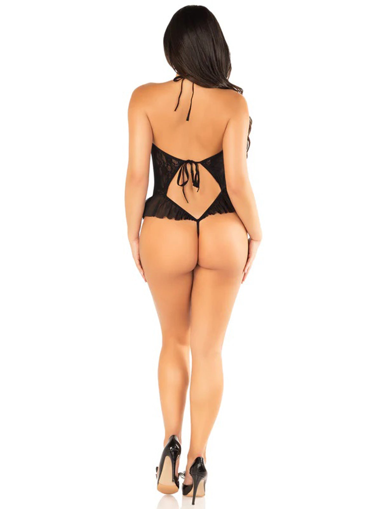 Black Floral Lace Halter Bodysuit with Mini Bow and Flutter > Clothes > Bodies and Playsuits