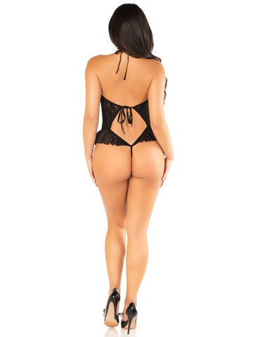 Black Floral Lace Halter Bodysuit with Mini Bow and Flutter Bodystocking