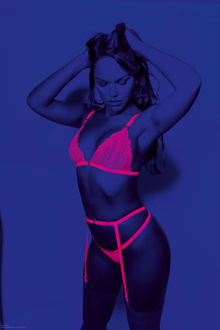 Neon Pink Lace Bra Set With Garterbelt And Bikini Panties Pink Lingerie Sets