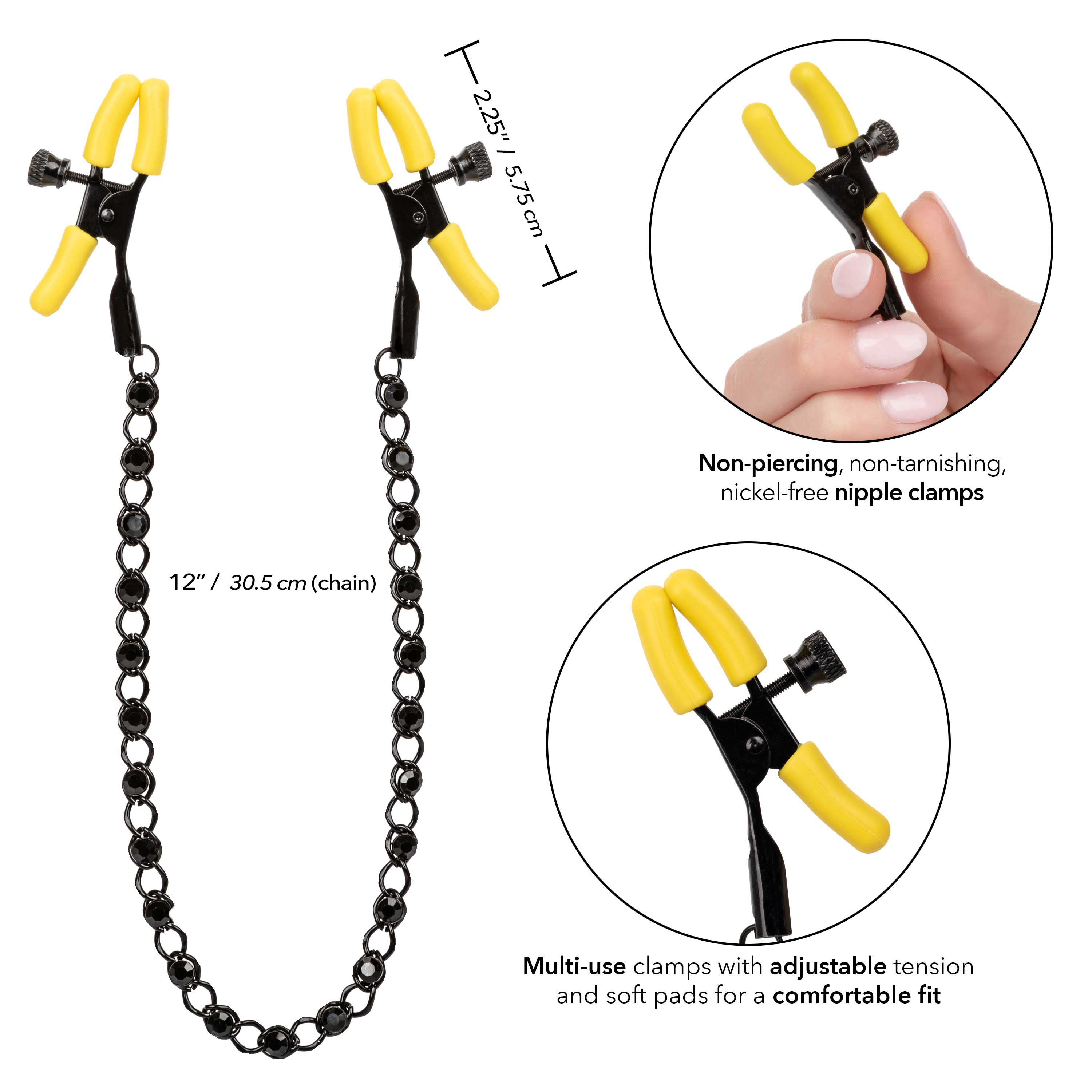 Boundless Nipple Teasers Adjustable Black Chain with Yellow Silicone Coated Clamps and Crystal Adornments Nipple Stimulators