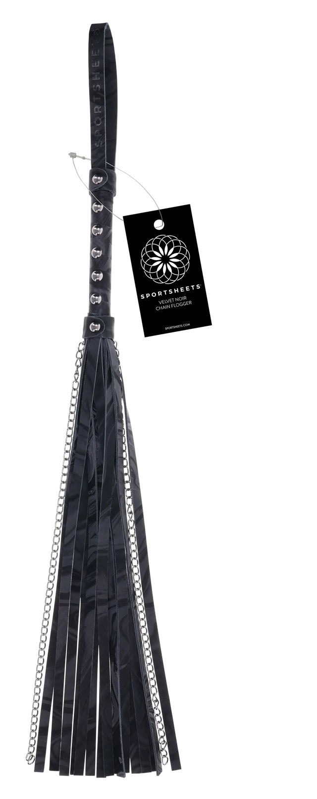 Sportsheets Velvet Noir Chain Flogger 43 cm Faux Leather and Hematite Chain Whip Black > Bondage Gear > Whips & Floggers