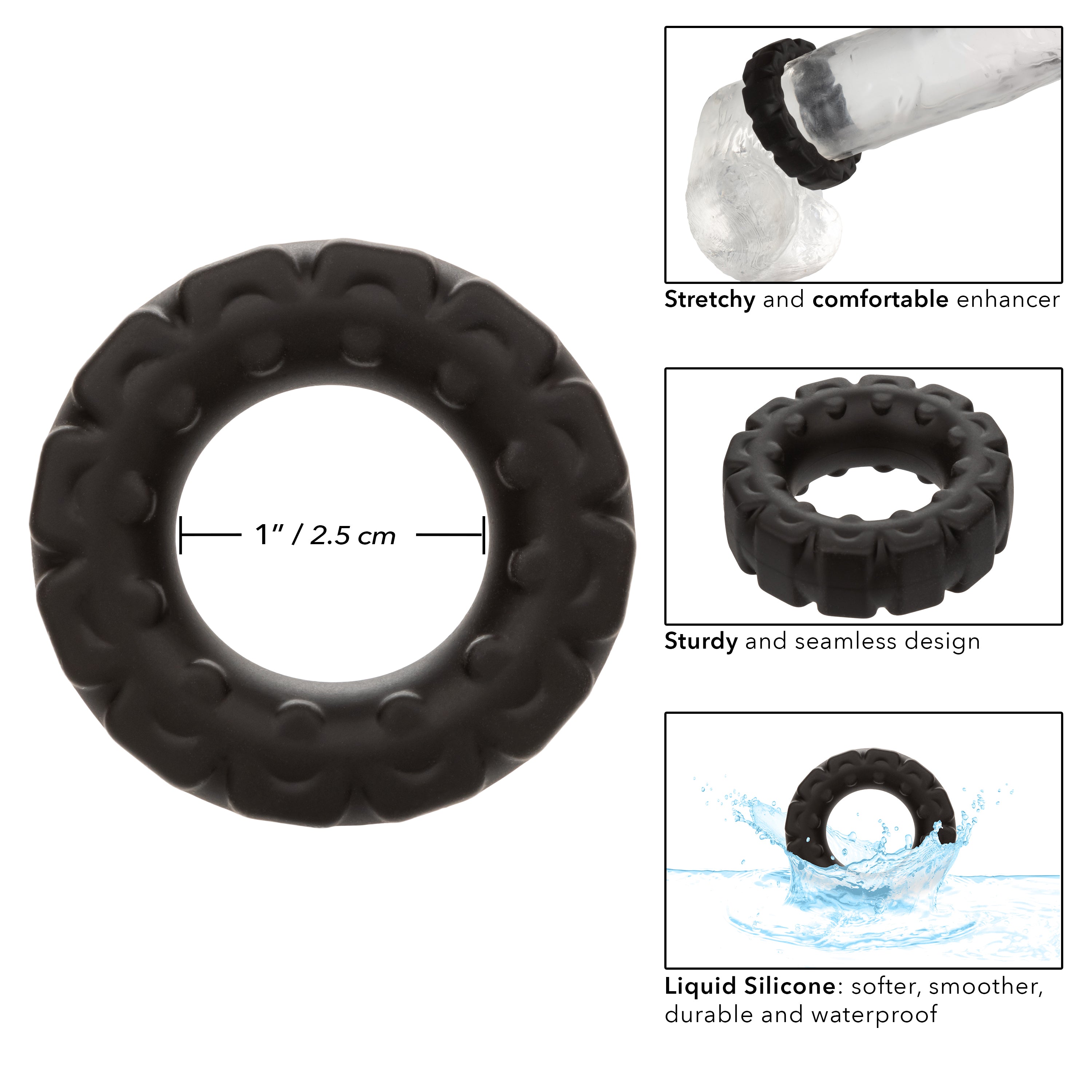 Alpha Liquid Silicone Prolong Tread Ring Black 1 Inch Diameter Stretchy Durable Waterproof COCK RINGS