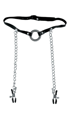 Fetish Fantasy O-Ring Gag and Nipple Clamps Set in Black Womens Harnesses