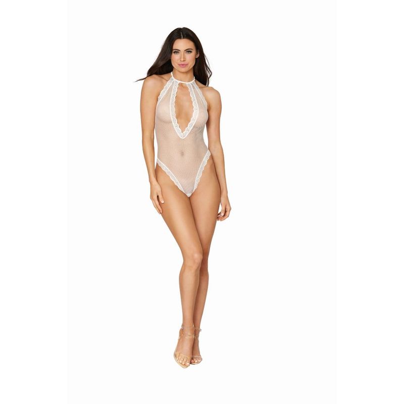 Fishnet Halter Teddy with Stretch Lace Edge Trims in White > Clothes > Teddies