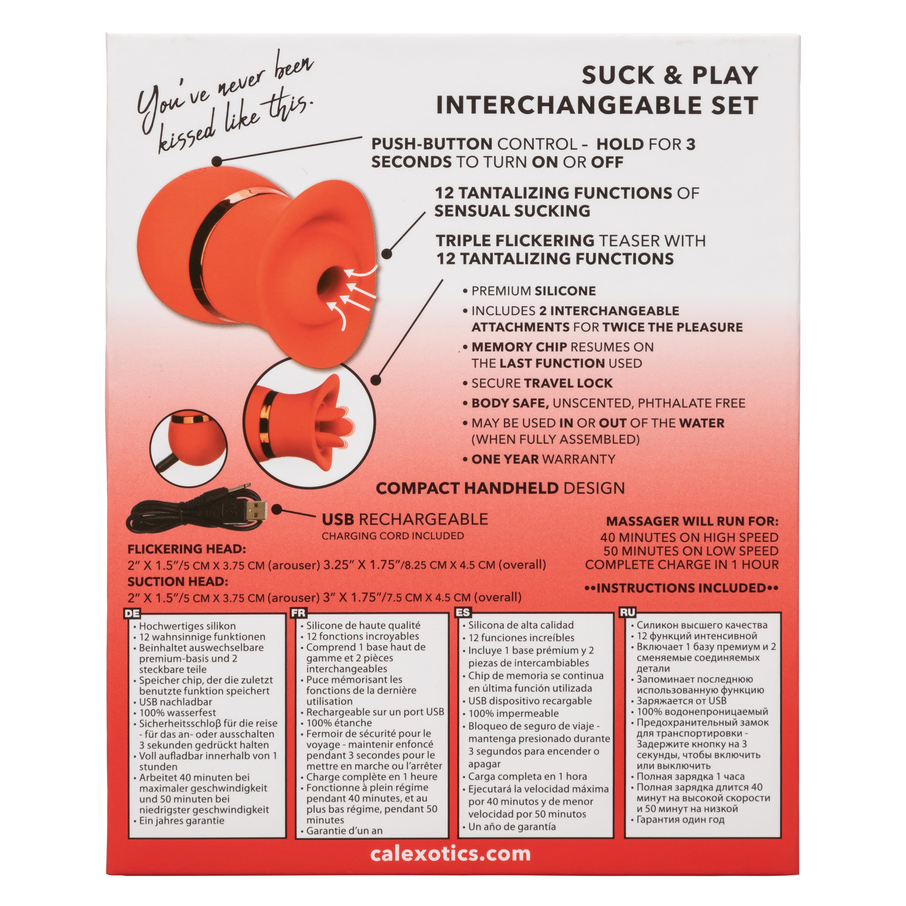 French Kiss Suck and Play Interchangeable Set Red Silicone Mini Massager with 12 Vibration and Suction Functions Suction Stimulator
