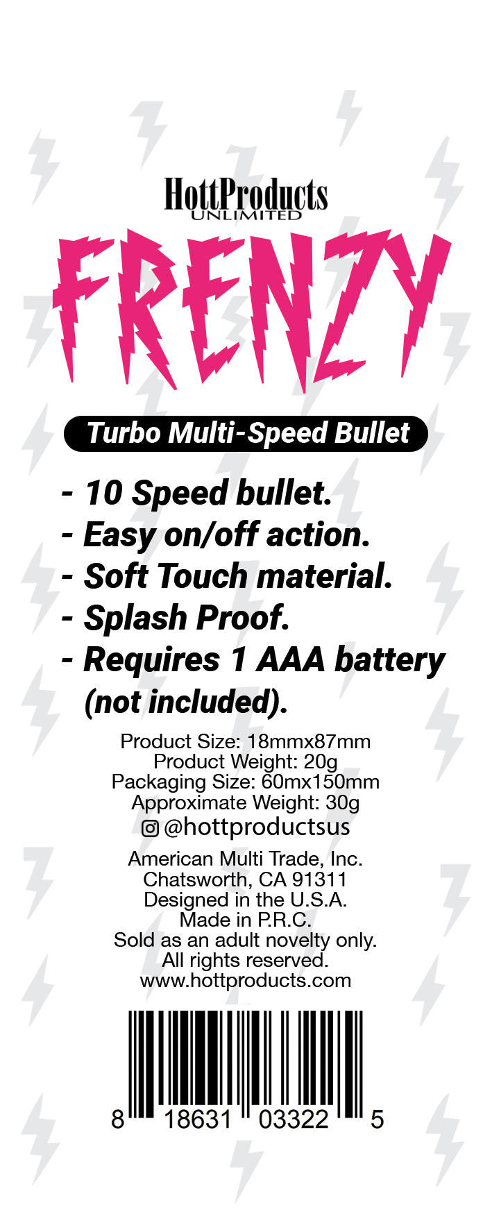 Frenzy Power Bullet Vibrator Black 10 Speed Splash Proof BULLETS
