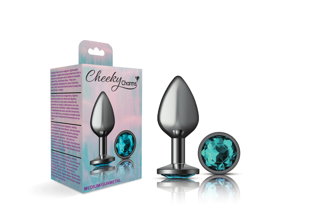 Cheeky Charms Gunmetal Round Butt Plug with Teal Jewel Medium (8.03cm) > Anal Range > Jewel Butt Plugs
