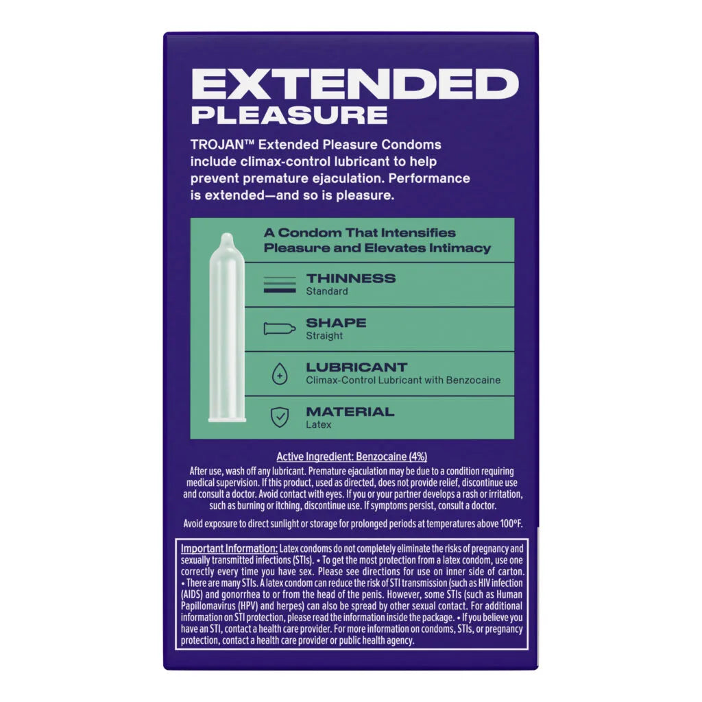 Trojan Extended Pleasure Condoms 12 Pack with Climax Control > Essentials > Condoms