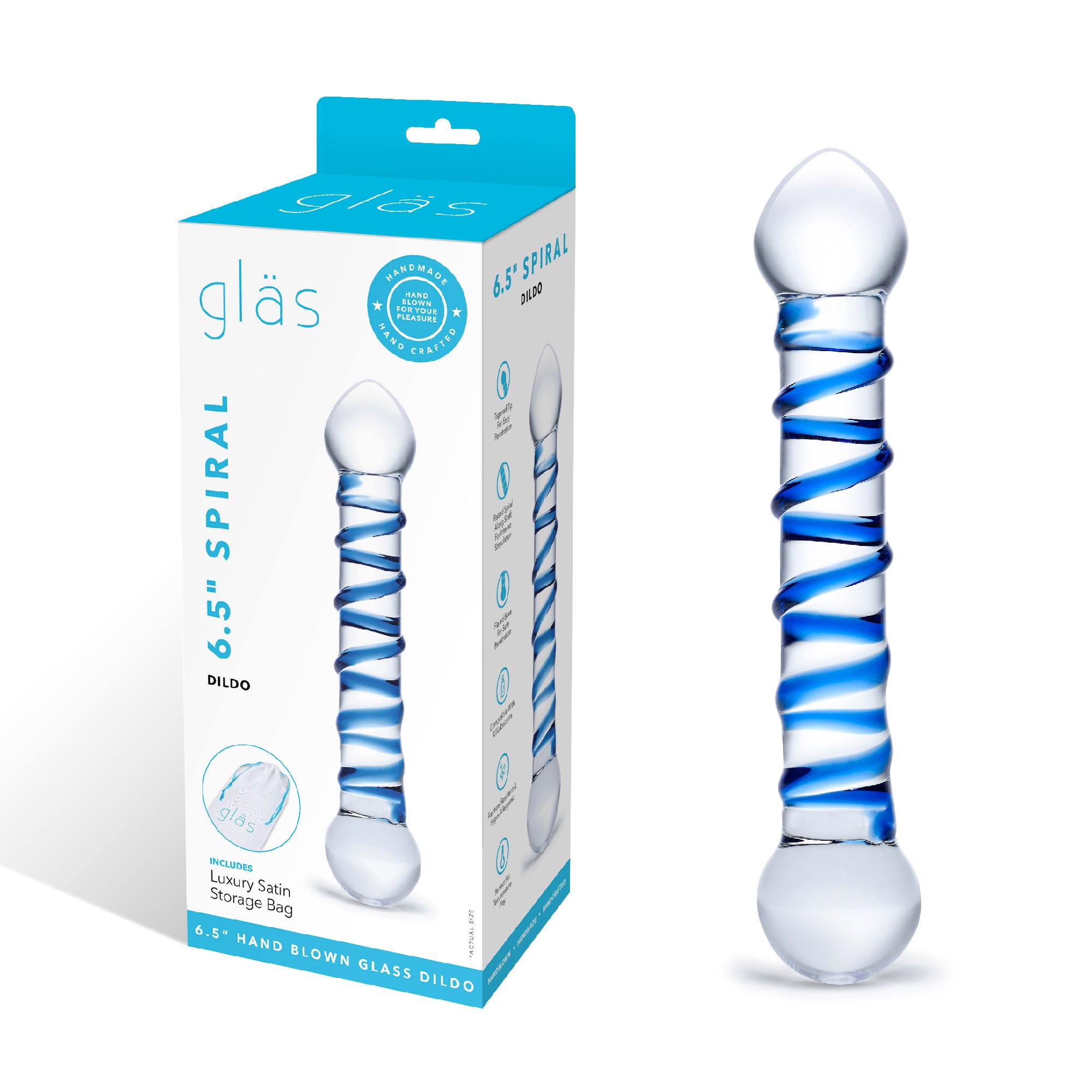 Glas 6.5 Inch Spiral Dildo with Blue Swirls Blue DONGS Glass