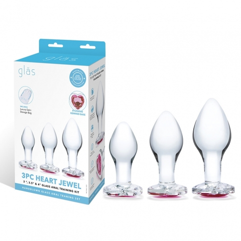 Glas 3 Inch 3.5 Inch 4 Inch 3PC Heart Jewel Clear Glass Anal Training Kit
