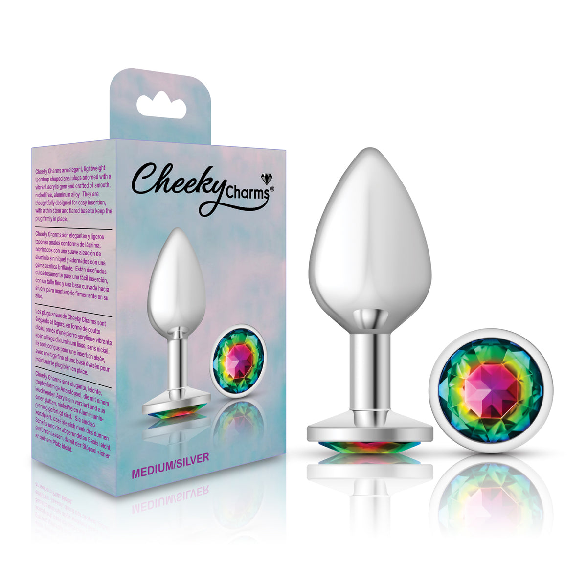 Cheeky Charms Silver Round Butt Plug with Rainbow Jewel Medium (8.03cm) > Anal Range > Jewel Butt Plugs
