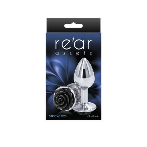 Rear Assets Rose Small 7.6 cm Metal Butt Plug with Black Rose Base Butt Plugs