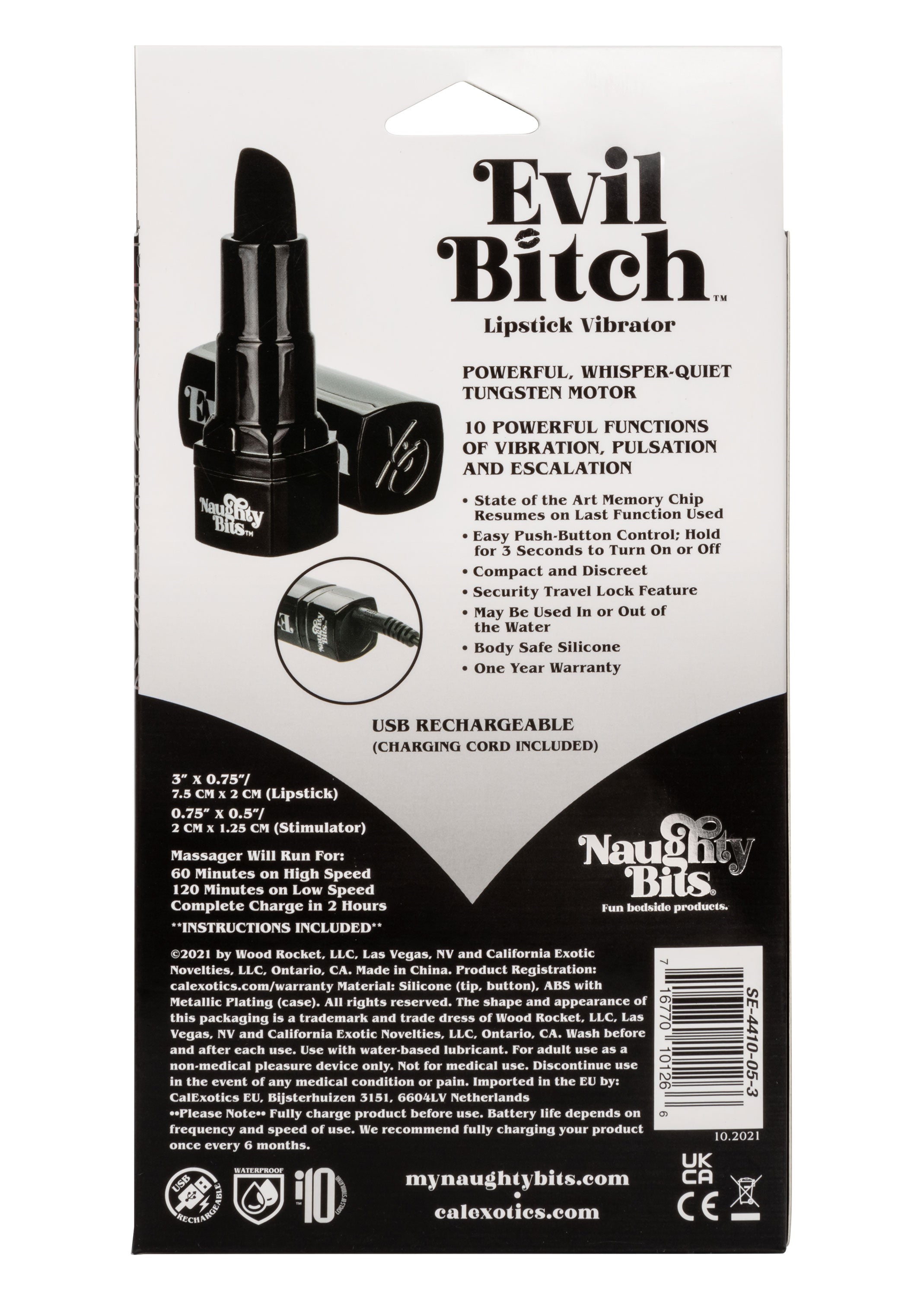 Naughty Bits Evil Bitch Black Lipstick Vibrator 4-Inch Rechargeable Waterproof Silicone Massager BULLETS
