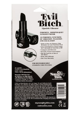 Naughty Bits Evil Bitch Black Lipstick Vibrator 4-Inch Rechargeable Waterproof Silicone Massager BULLETS