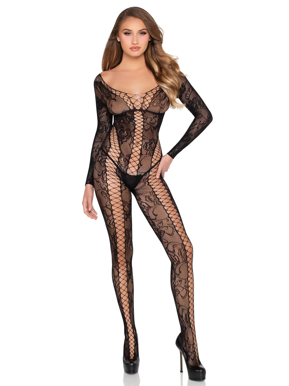 Net and Lace Crotchless Jumpsuit (Black) – Crotchless Lingerie Black One Size > Clothes > Bodies and Playsuits