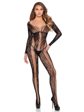 Net and Lace Crotchless Jumpsuit (Black) – Crotchless Lingerie Black One Size > Clothes > Bodies and Playsuits
