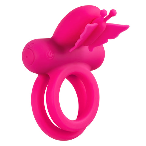 CalExotics Silicone Rechargeable Pink Butterfly Dual Ring with 12 Vibration Functions and Waterproof Design Cock Rings Vibrating