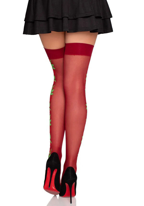 Spandex Thigh Highs With Roses (Burgundy) – Stretch Lingerie Hosiery