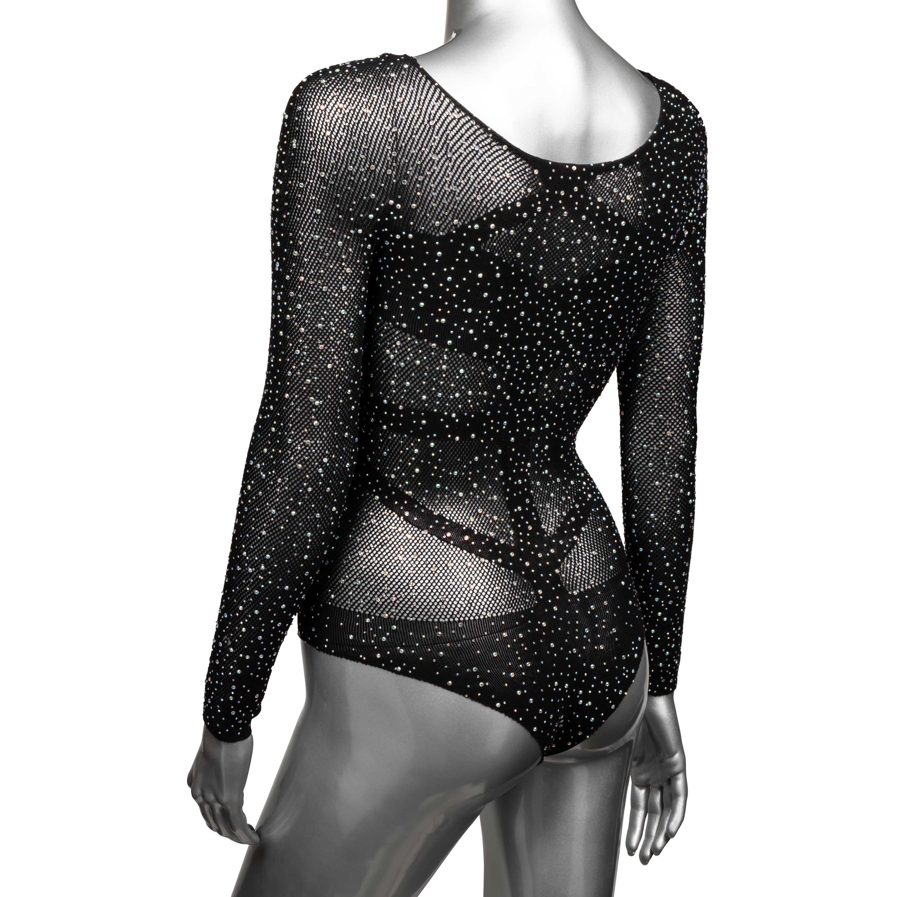 Radiance Plus Size Long Sleeve Black Mesh Rhinestone Body Suit Fits Up To 3X > Clothes > Plus Size Lingerie