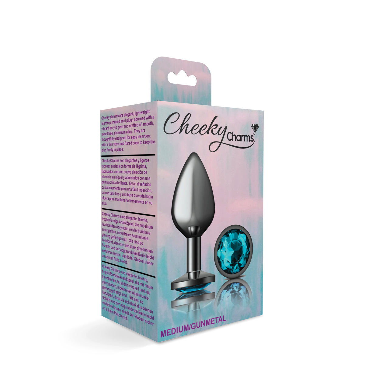 Cheeky Charms Gunmetal Round Butt Plug with Teal Jewel Medium (8.03cm) > Anal Range > Jewel Butt Plugs