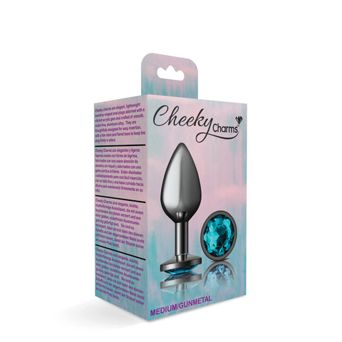 Cheeky Charms Gunmetal Round Butt Plug with Teal Jewel Medium > Anal Range > Jewel Butt Plugs