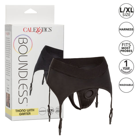 Boundless Black Thong with Garter Harness for L/XL Comfort Black Harnesses & Strap-Ons
