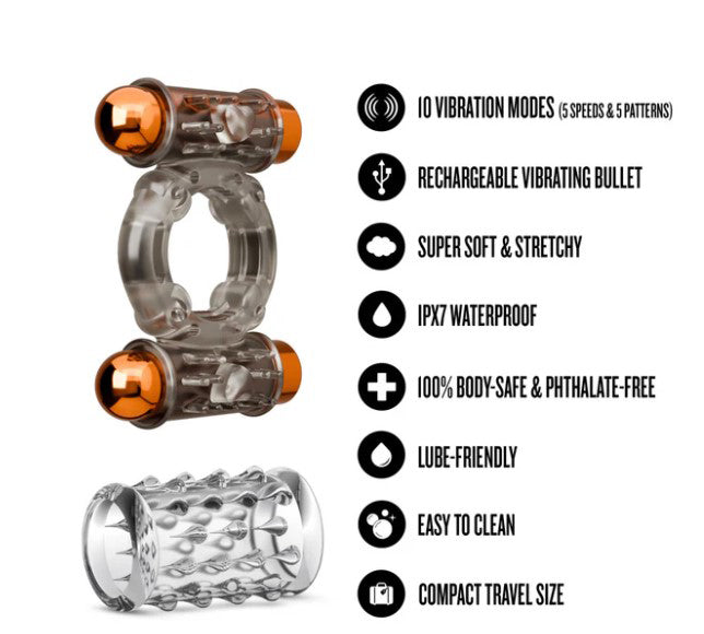 Stay Hard Vibrating Cock Ring Set With Dual Bullets Textured Sheath - Cock Ring Set > Cock Ring > Vibrating