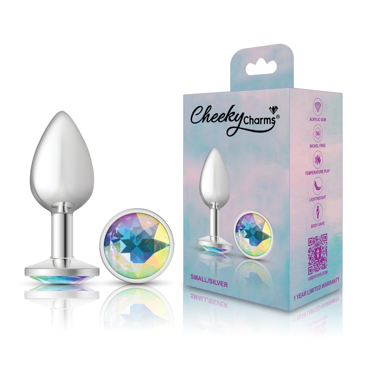 Cheeky Charms Silver Round Butt Plug with Clear Iridescent Jewel Small (6.78cm) > Anal Range > Jewel Butt Plugs