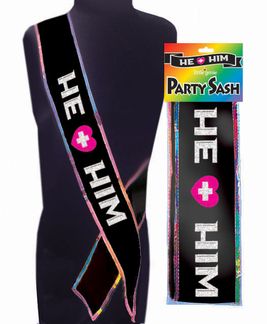 He Plus Him Adjustable Glittery Sash – Bold Lettering Celebration Accessory > Novelties > Bachelor & Bachelorette Items