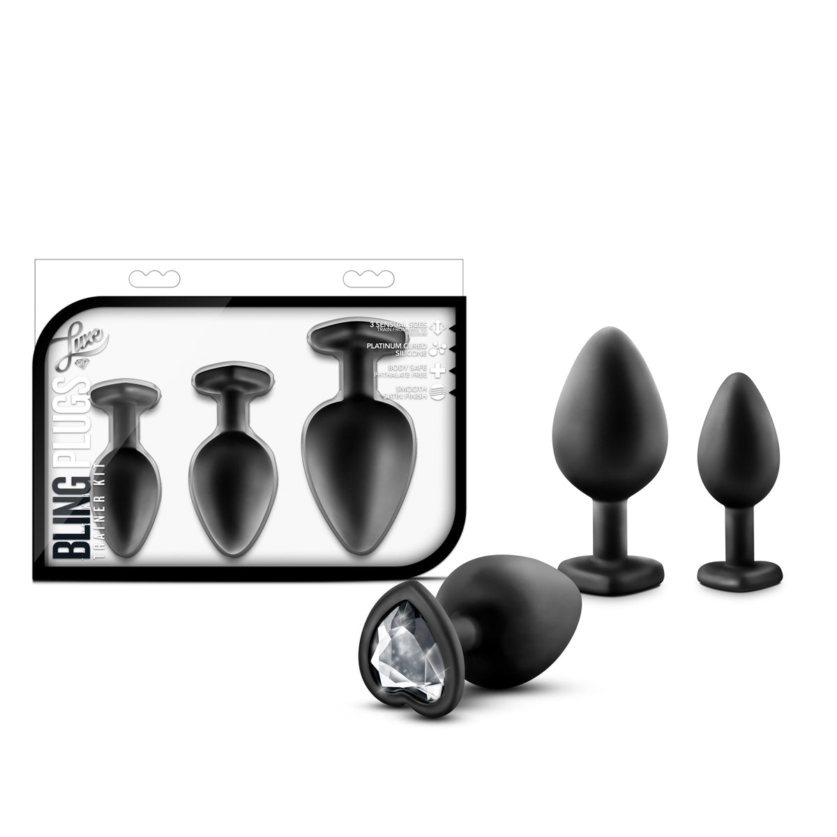 Luxe Bling Plugs Training Kit – 3 Sizes Silicone Anal Plugs with Heart Gems Black Clear Gems > Anal Range > Butt Plug Kits