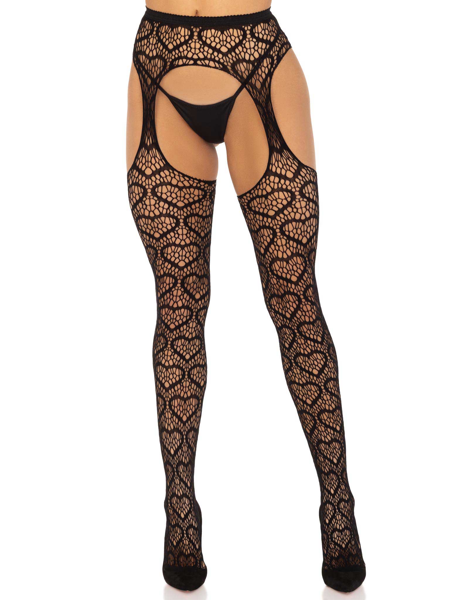 Heart Net Suspender Pantyhose with Garter Belt in Black > Clothes > Hosiery > Garterbelt Sets