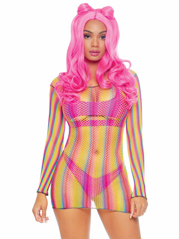 Rainbow Fishnet Long Sleeve Mini Dress Sexy Lingerie One Size > Clothes > Dresses and Chemises