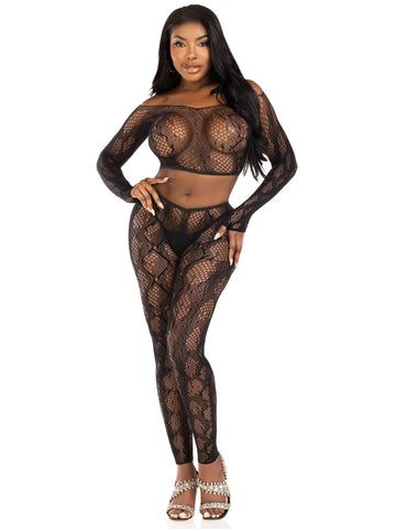 2 Pc Python Net Crop Top and Footless Tights (Black) – Lingerie Set Black One Size > Clothes > Lingerie Sets