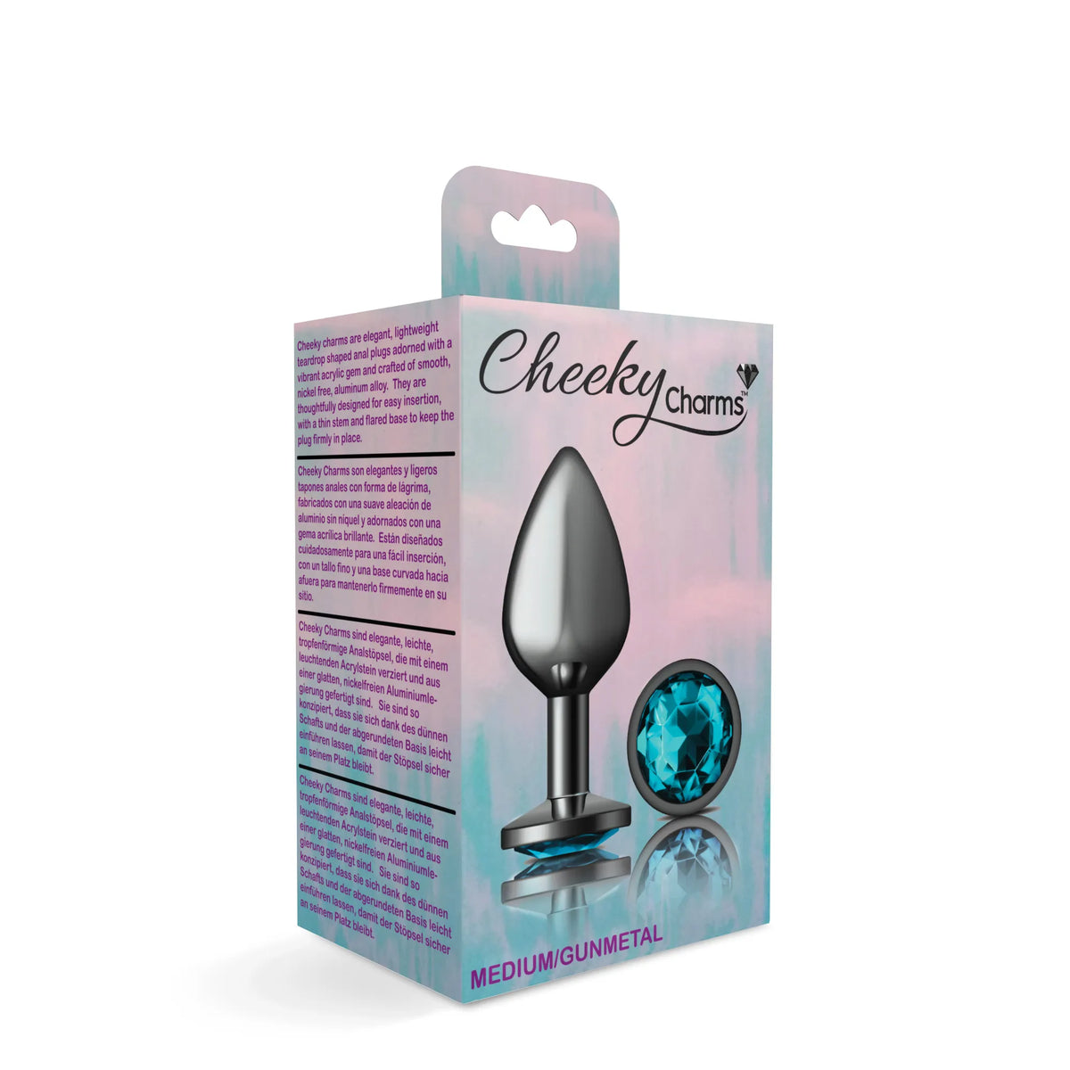 Cheeky Charms Gunmetal Round Butt Plug with Teal Jewel Medium (8.03cm) > Anal Range > Jewel Butt Plugs