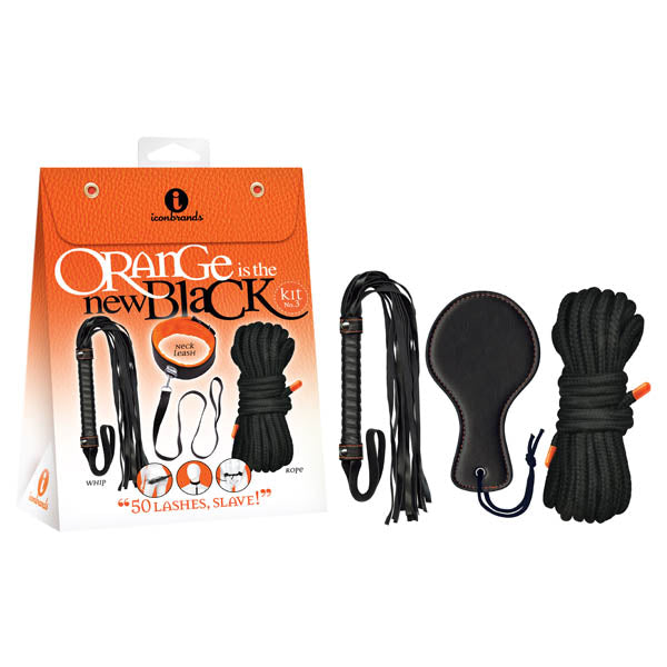 Orange Is The New Kit #3 - 50 Lashes, Slave! - Bondage Kit - 3 Piece Set Black Whips & Paddles