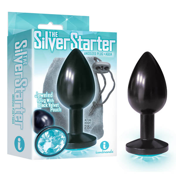 The Silver Starter Anodised 7.1 cm Butt Plug with Aqua Jewel Blue|Black > Anal Range > Jewel Butt Plugs
