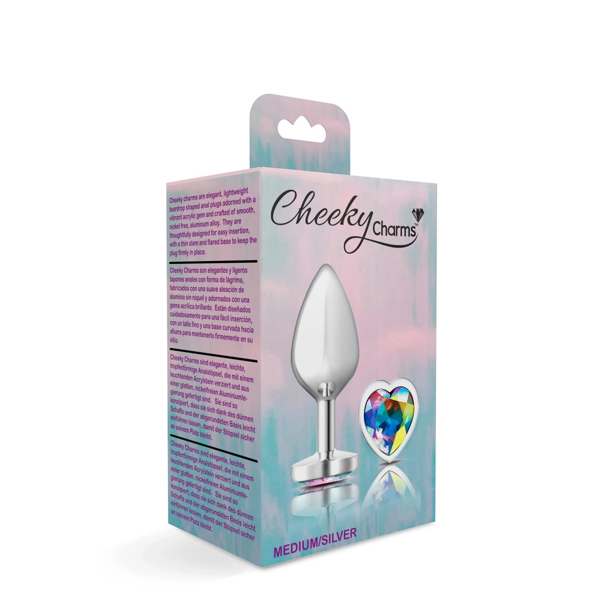 Cheeky Charms Silver Metal Butt Plug with Heart Clear Jewel Medium (8.03cm) > Anal Range > Jewel Butt Plugs