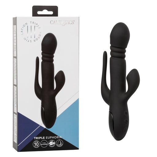 III Triple Euphoria Rechargeable Black Silicone Triple Action Massager with Thrusting Shaft, Vibrating Backdoor Teaser, and Clitoral Suction Stimulator VIBRATORS-RABBIT-MULTI