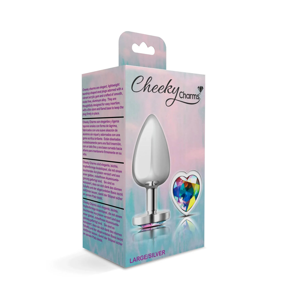 Cheeky Charms Silver Metal Butt Plug with Heart Clear Jewel Large (9.12cm) > Anal Range > Jewel Butt Plugs