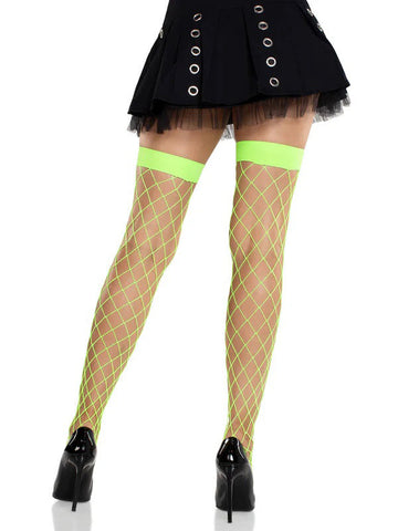 Ida Neon Green Fishnet Thigh High Stockings Hosiery O/S Hosiery