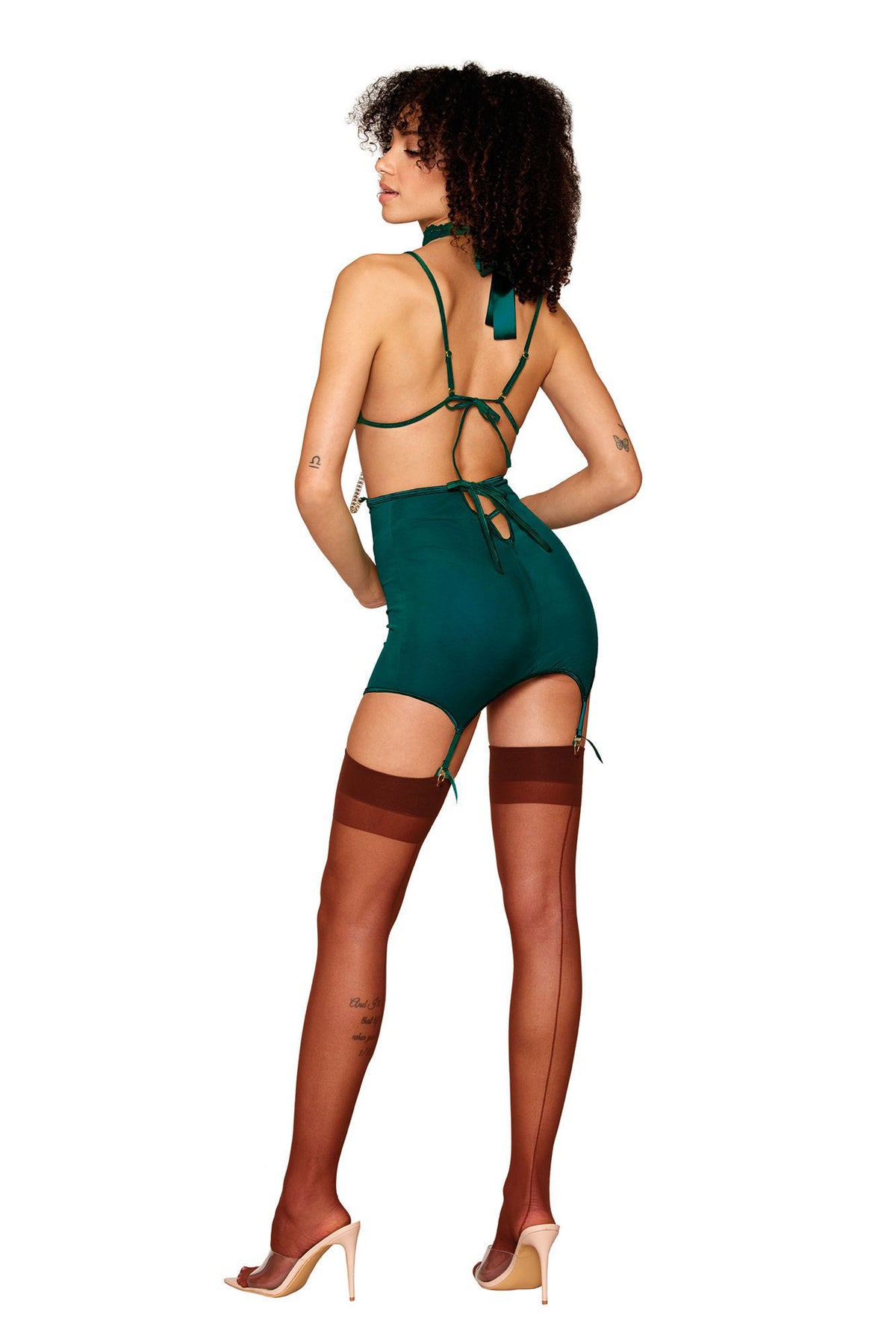 Peacock Lace Garter Skirt Set with Bra G-String and Collar Green Lingerie Sets
