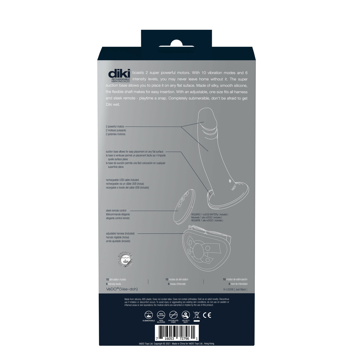 Diki Rechargeable Silicone Vibrating Dildo with Harness Black Vibrators