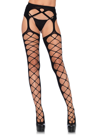 Diamond Net Opaque Stockings with Attached Garter Belt Black Black Hosiery