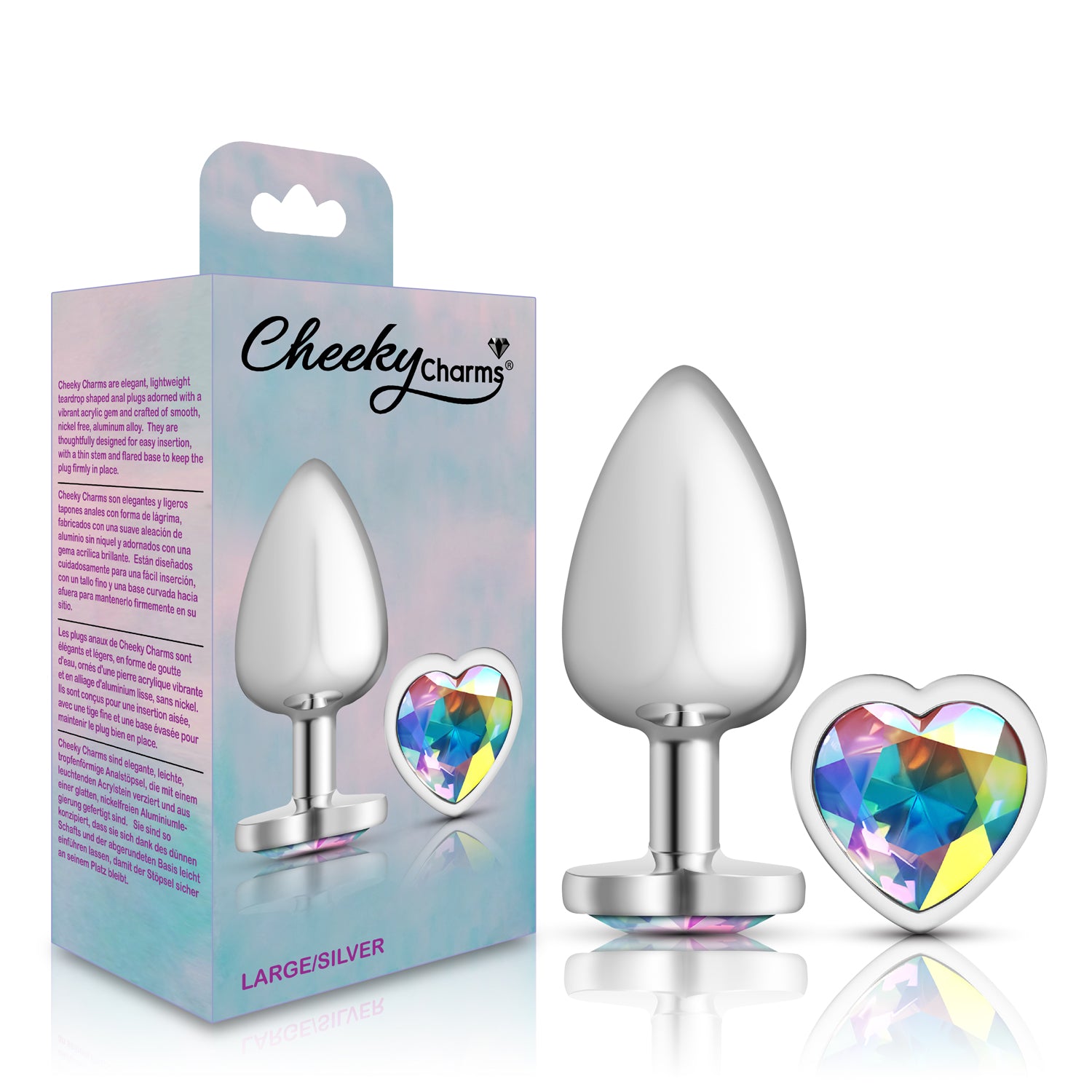 Cheeky Charms Silver Metal Butt Plug with Heart Clear Jewel Large > Anal Range > Jewel Butt Plugs
